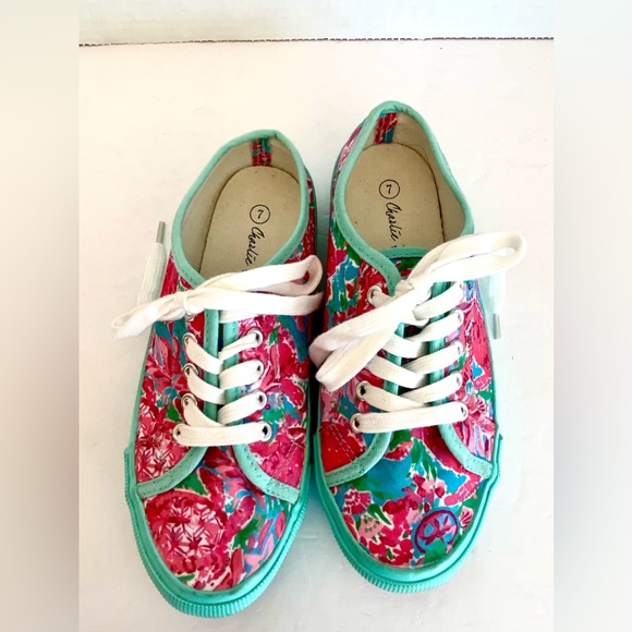 CHARLIE PAIGE BOHO SLIP ON SNEAKERS AQUA AND FUCHIA COLOR WITH LACES SZ  7 - Picture 1 of 9